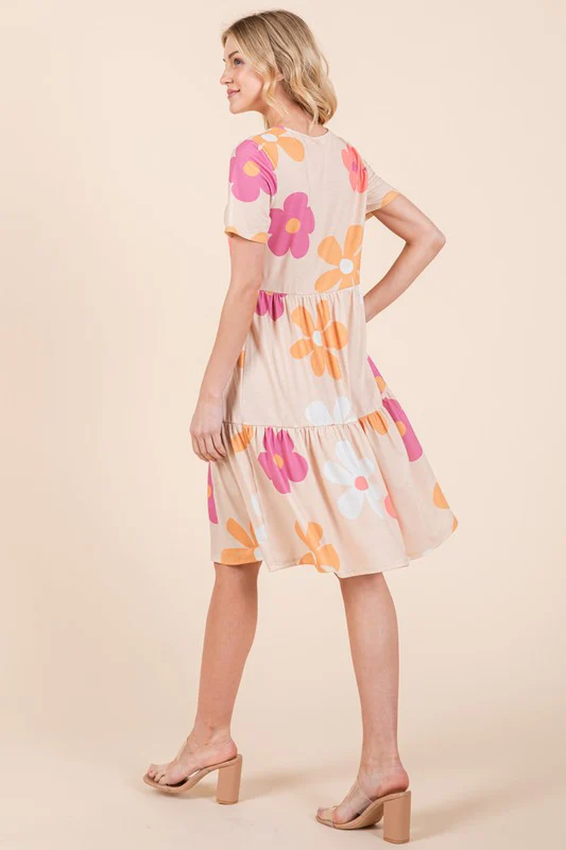 BOMBOM Floral round Neck Short Sleeve Tiered Dress
