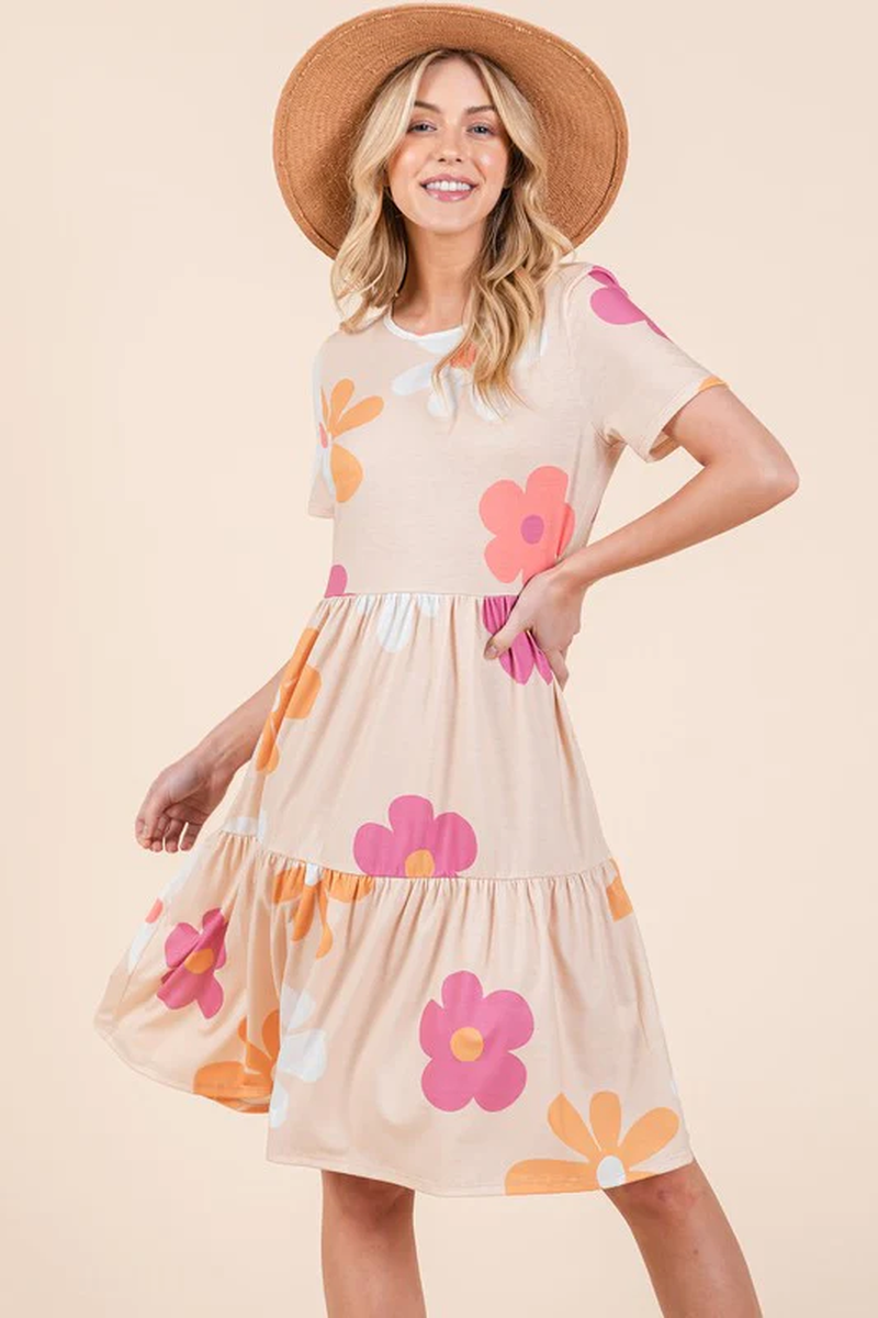 BOMBOM Floral round Neck Short Sleeve Tiered Dress