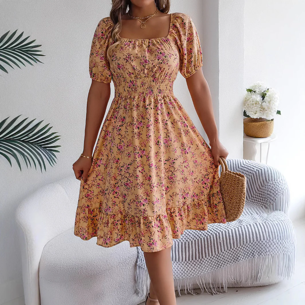 Floral Print Square Collar ruffles Dress