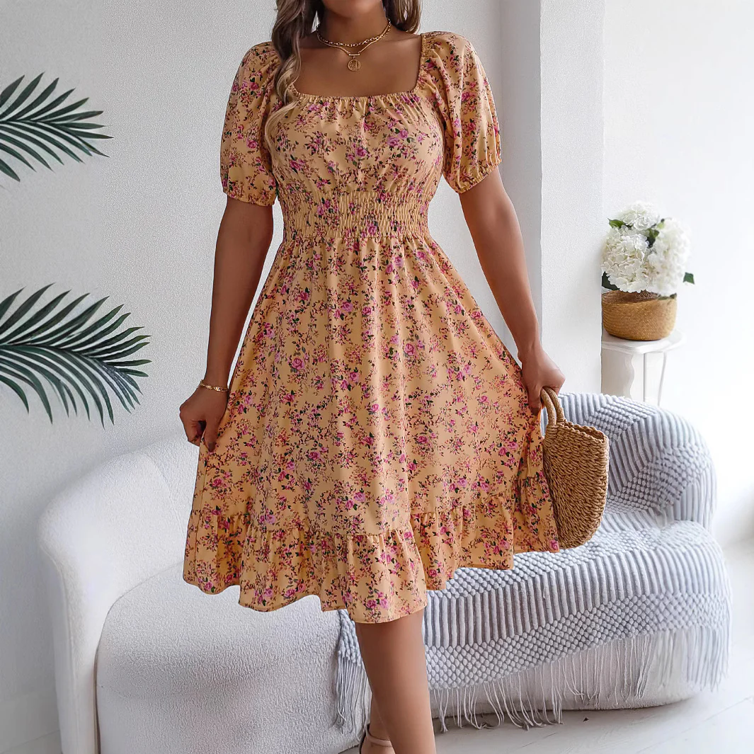 Floral Print Square Collar ruffles Dress
