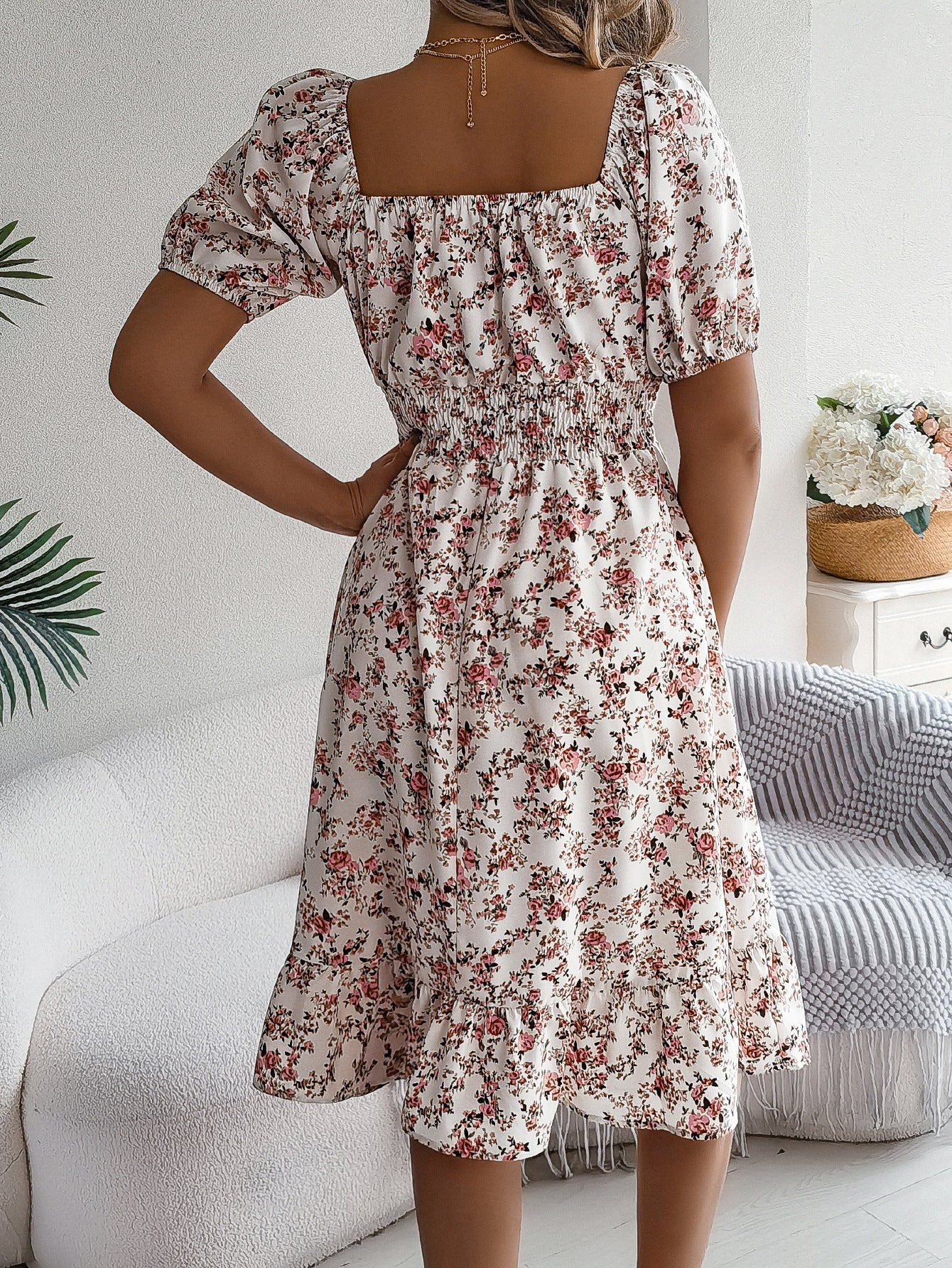 Floral Print Square Collar ruffles Dress