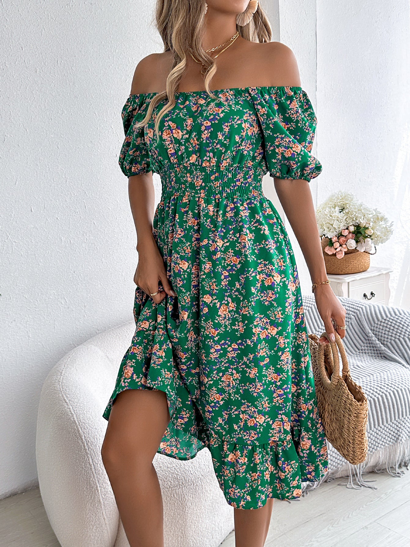 Floral Print Square Collar ruffles Dress