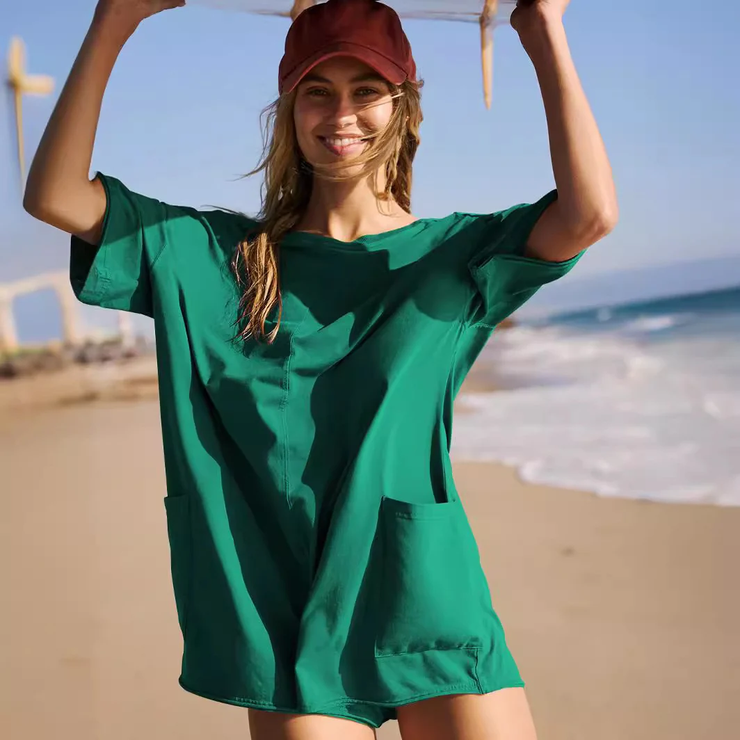Rompers for Women Casual Short Sleeve Oversized with Deep Pockets