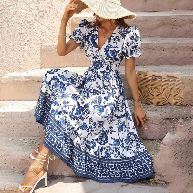 Women Floral Puff Sleeve V Neck Bohemian Maxi Dress