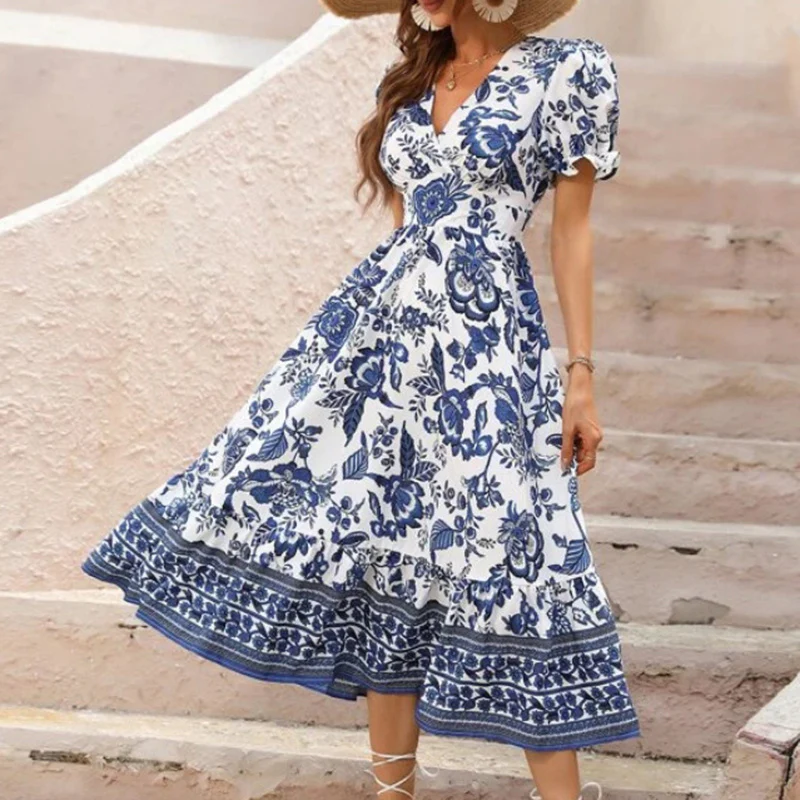 Women Floral Puff Sleeve V Neck Bohemian Maxi Dress