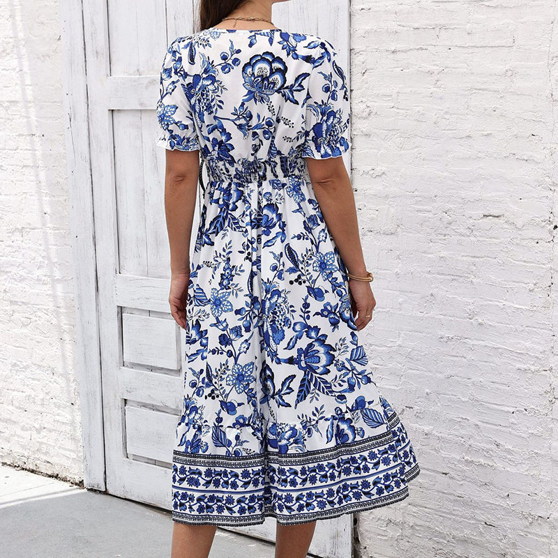 Women Floral Puff Sleeve V Neck Bohemian Maxi Dress