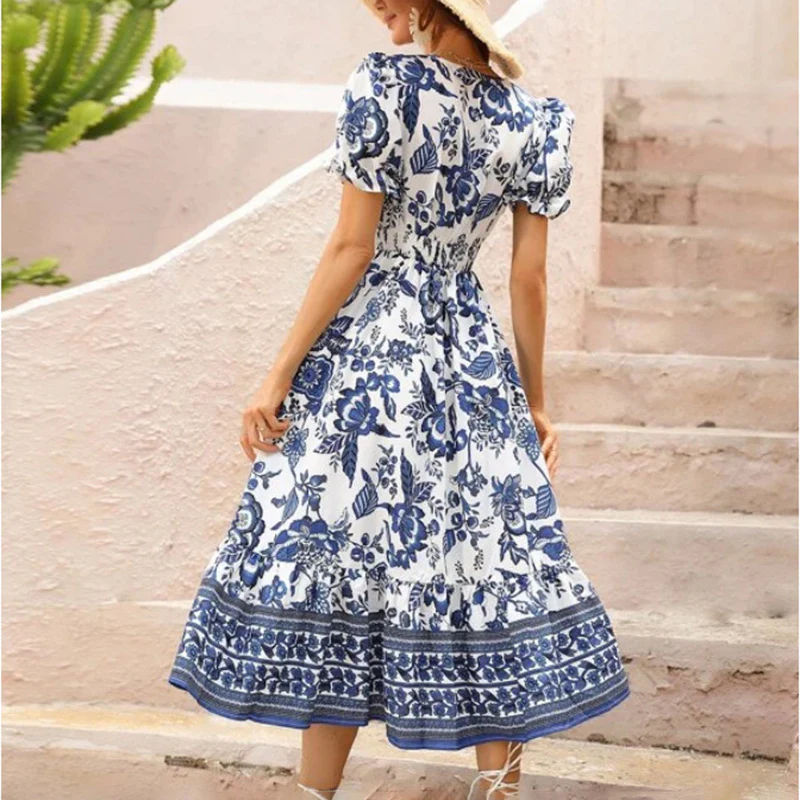 Women Floral Puff Sleeve V Neck Bohemian Maxi Dress