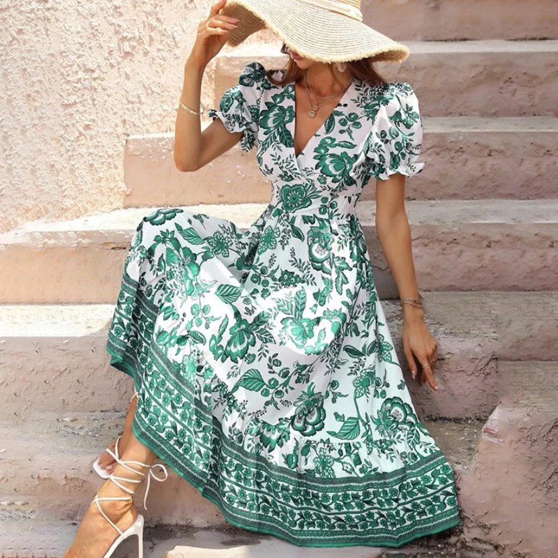 Women Floral Puff Sleeve V Neck Bohemian Maxi Dress