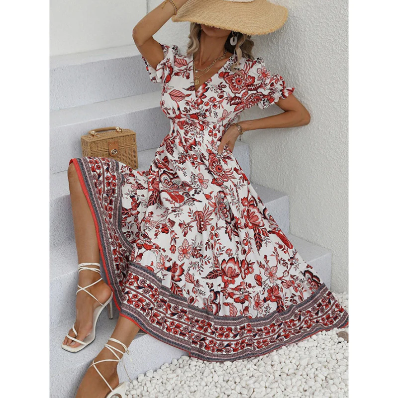 Women Floral Puff Sleeve V Neck Bohemian Maxi Dress