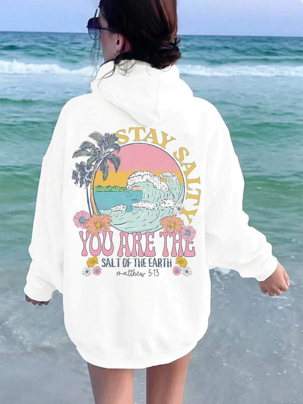 Ocean Coconut Tree Printed Women'S Hoodie Fashion Design Loose Casual Versatile Women'S Clothing Autumn/Winter Fleece Hoodie