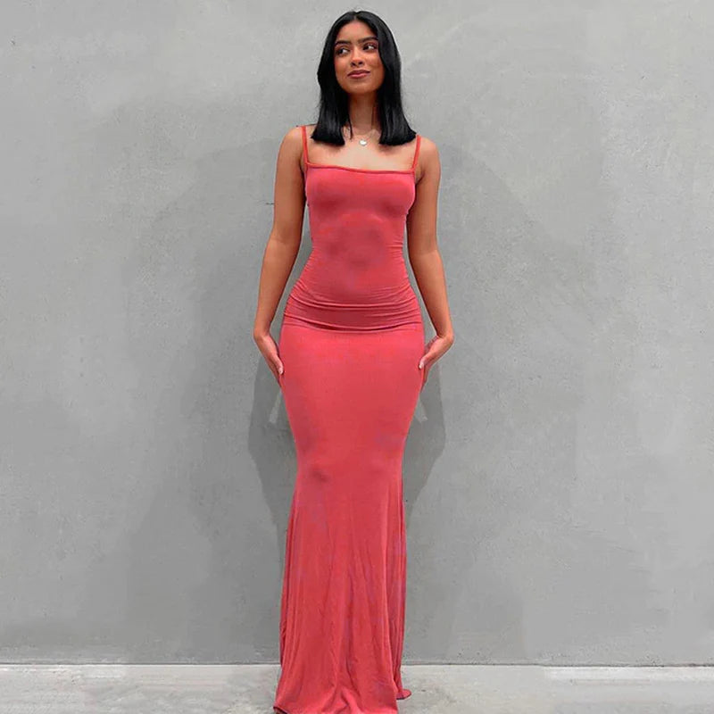 2023 Summer Women Sexy Spaghetti Strap Black Skims Long Dress Y2K Sleeveless Solid Skinny Bodycon Trumpet Maxi Dresses Vestidos