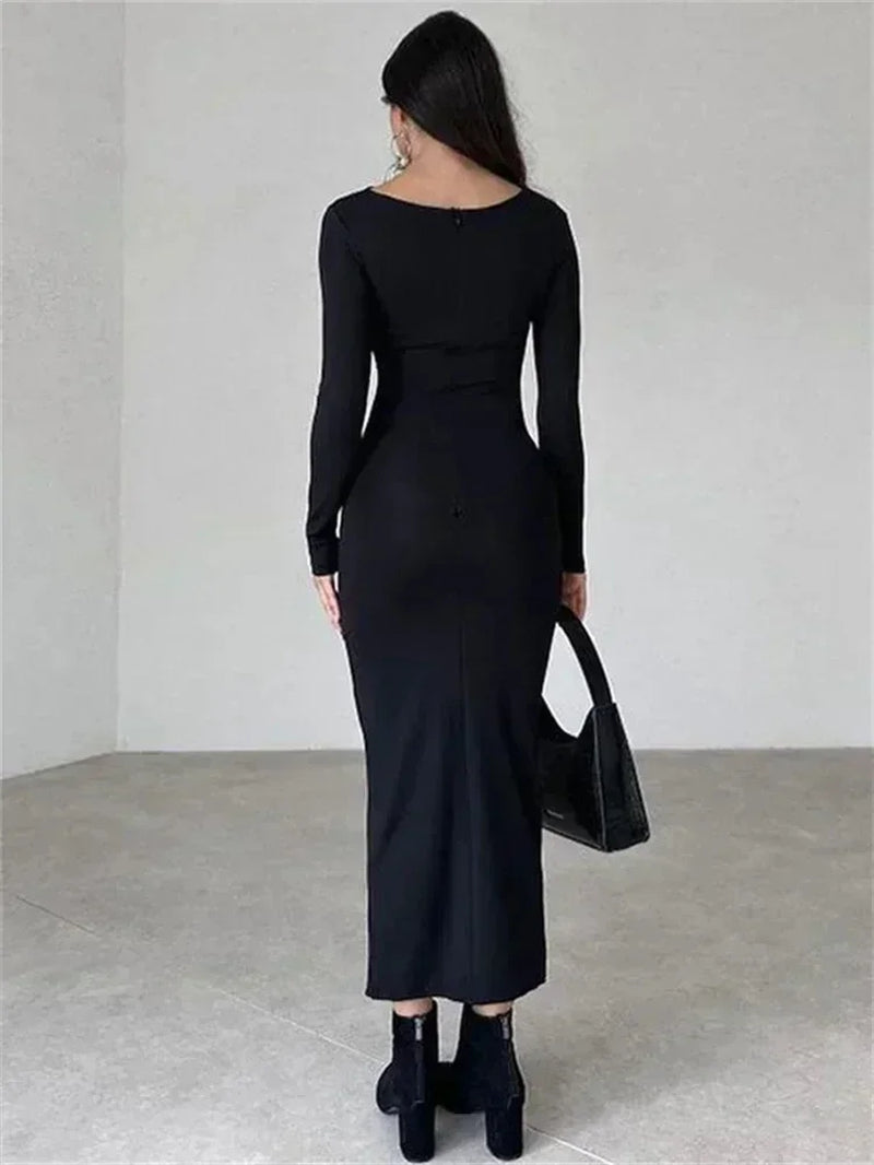 Fashion Pleated Autumn Dress Patchwork Elegant Women Long Sleeve Solid Vestidos Slim High Waist Bodycon Maxi Dress 2023