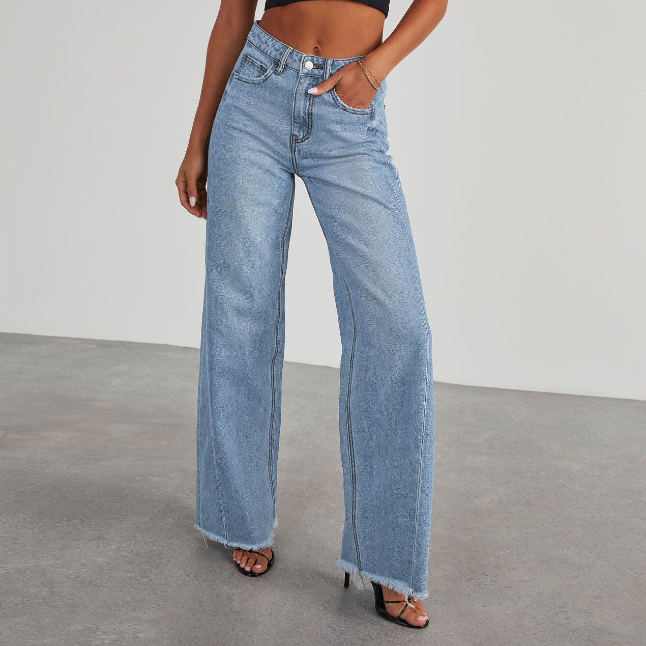 Fashion High Waist Jeans with Pockets Comfortable Slim Fit Straight Wide-Leg Pants Womens Clothing