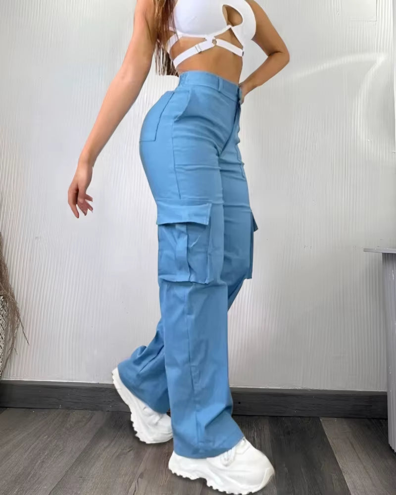 Women'S Pants Fashion Spring New High Waist Pocket Design Cargo Pants Casual Loose Fit Active Pants Shipped within 48 Hours