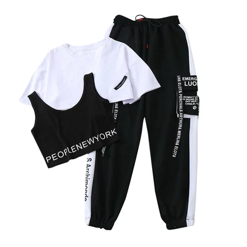 Summer Casual 3 Piece Sets Women Short Sleeve Crop Tops+Cargo Pants Suit 2025 New Korean Style Loose Fashion Woman'S Clothing