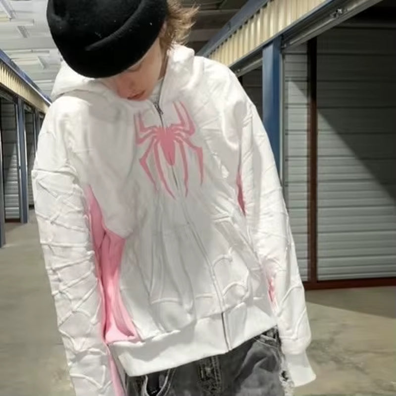 America Classics Gothic Red Spider Print Hooded Cardigan Full Zip up Loose Men Women Hip Hop Hoodie Jacket Y2K Street Sweatshirt