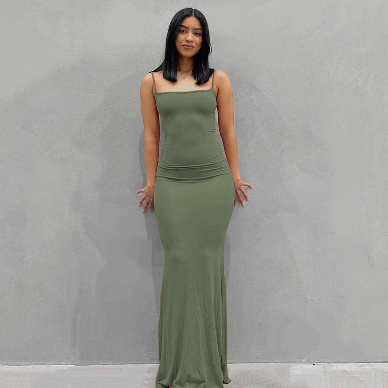 2023 Summer Women Sexy Spaghetti Strap Black Skims Long Dress Y2K Sleeveless Solid Skinny Bodycon Trumpet Maxi Dresses Vestidos