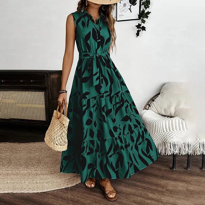 Women Summer Sleeveless Beach Vacation Style Drawstring Dress