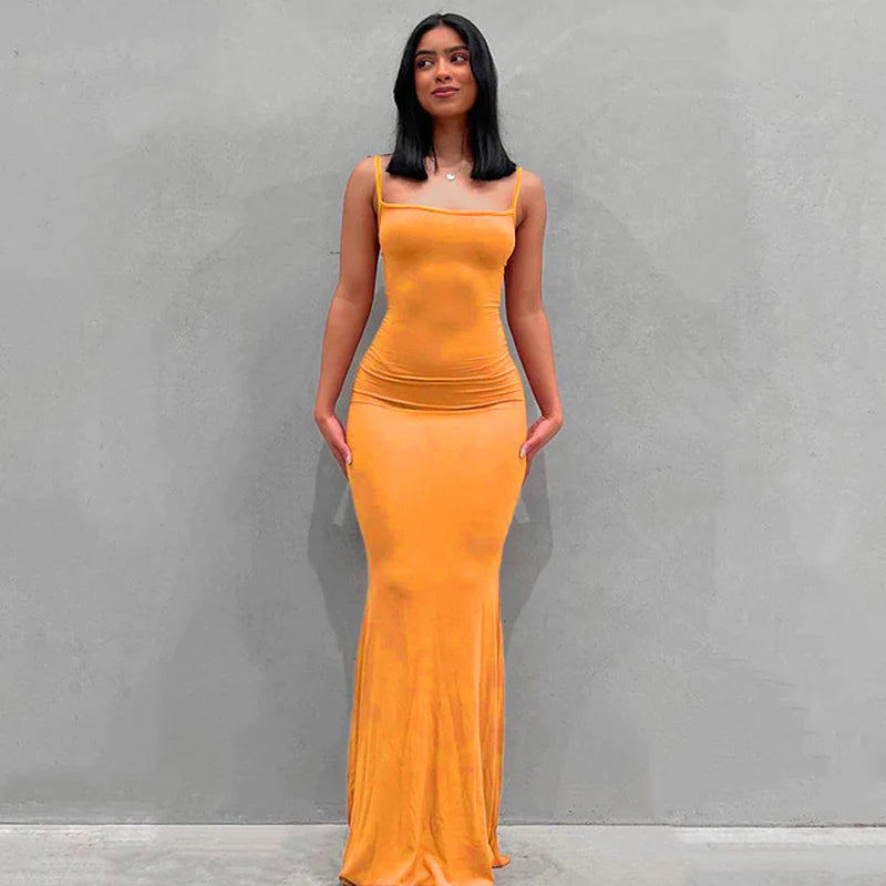 2023 Summer Women Sexy Spaghetti Strap Black Skims Long Dress Y2K Sleeveless Solid Skinny Bodycon Trumpet Maxi Dresses Vestidos