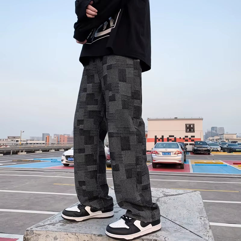 Blue Black Plaid Jeans Men Retro Casual Wide-Leg Jeans Mens Streetwear Loose Hip-Hop Straight Denim Trousers Men Vintage Jeans