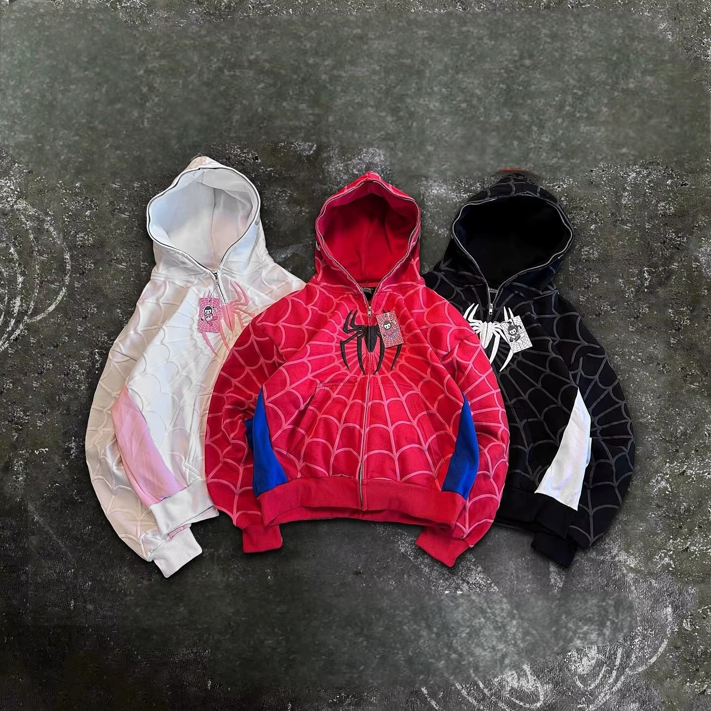 America Classics Gothic Red Spider Print Hooded Cardigan Full Zip up Loose Men Women Hip Hop Hoodie Jacket Y2K Street Sweatshirt