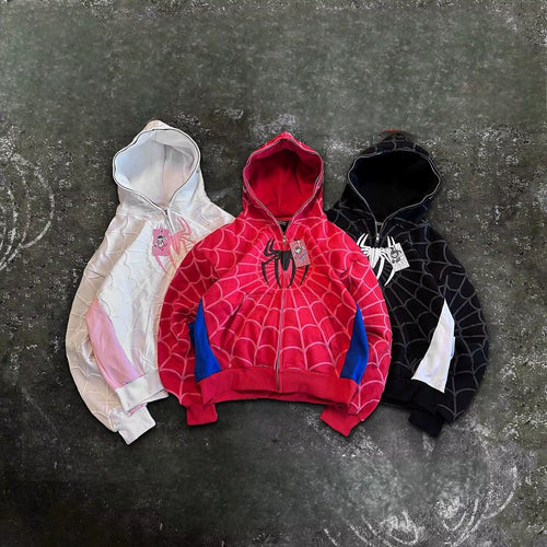 America Classics Gothic Red Spider Print Hooded Cardigan Full Zip up Loose Men Women Hip Hop Hoodie Jacket Y2K Street Sweatshirt