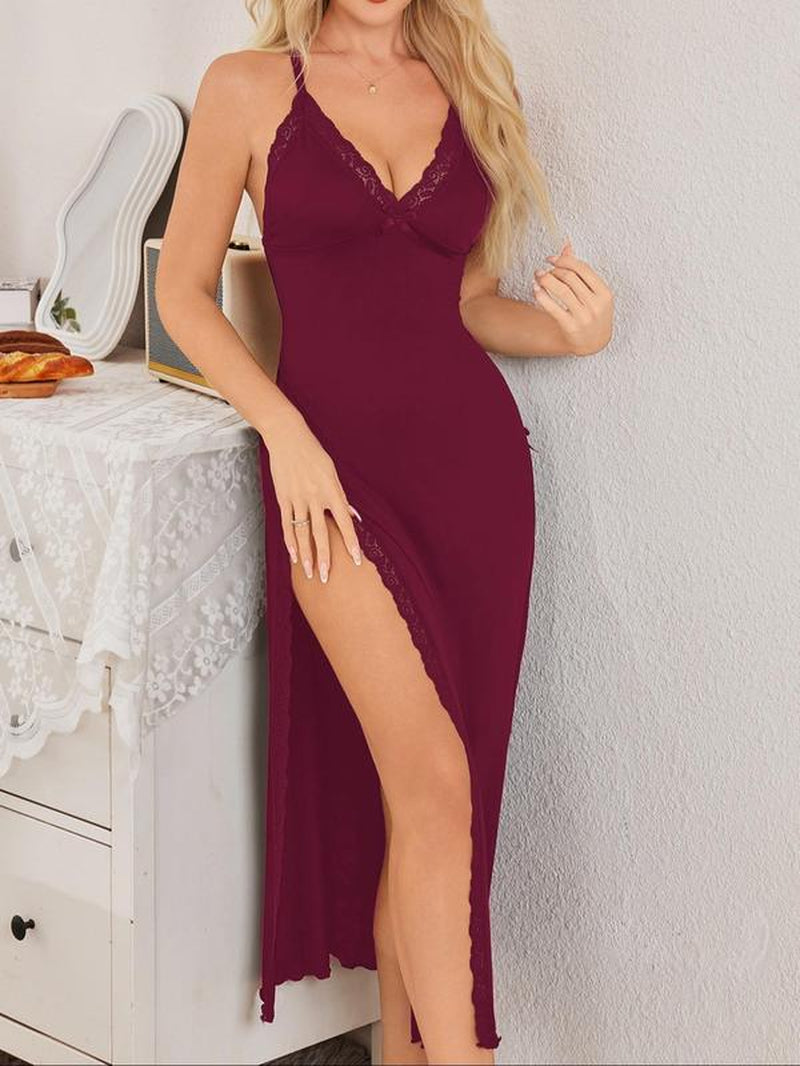Women'S Contrast Lace Backless Split Thigh Cami Nightdress, Sexy Adjustable Spaghetti Strap Sleeveless Nightgown, Soft Comfortable Sleepwear for Women, Womenswear, Glam Lounge Wear, Loungewear, Lace Trim Nightdress