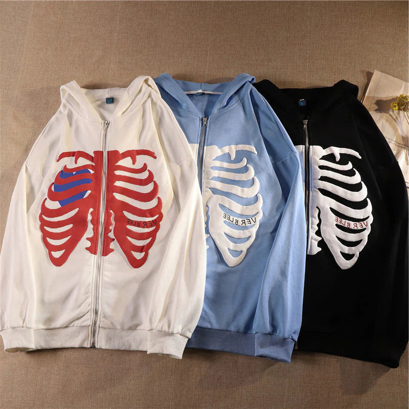 Y2K Harajuku Korean Style Loose Skeleton Zip up Hoodie Goth Grunge Long-Sleeved Hooded Jacket Retro Black Oversized Sweatshirt