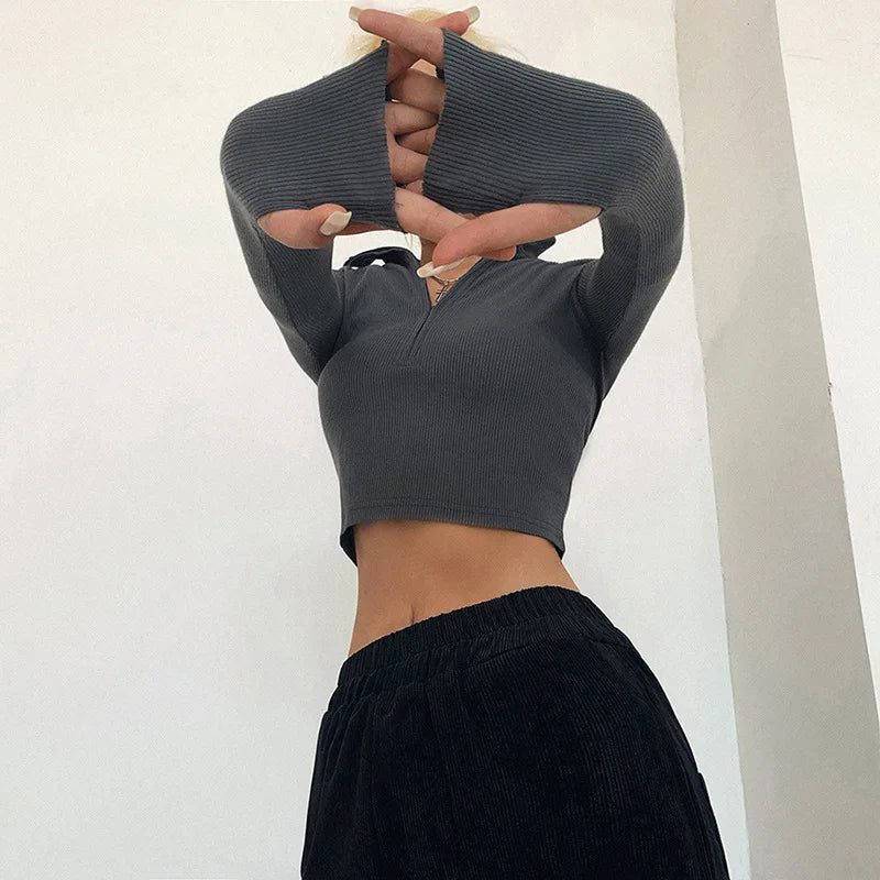 Solid Color Casual T-Shirt Women Long Sleeves Turtleneck Crop Top